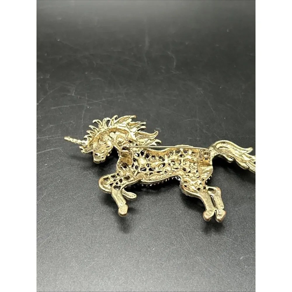 Big Modern Unicorn Pin Brooch Gold tone Blue Glass 3 1/2”